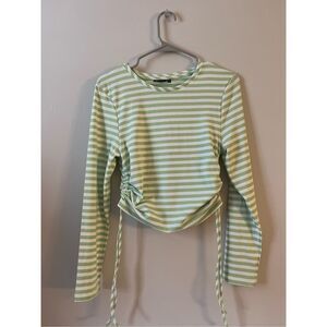 ASOS Design Small Green and White Cropped White Long Sleeve Scrunch Side Shirt